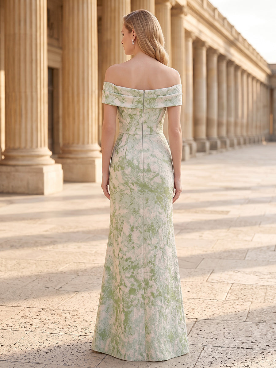 Satin Jacquard Sheath Off the Shoulder Floor Length Floral Formal Dresses