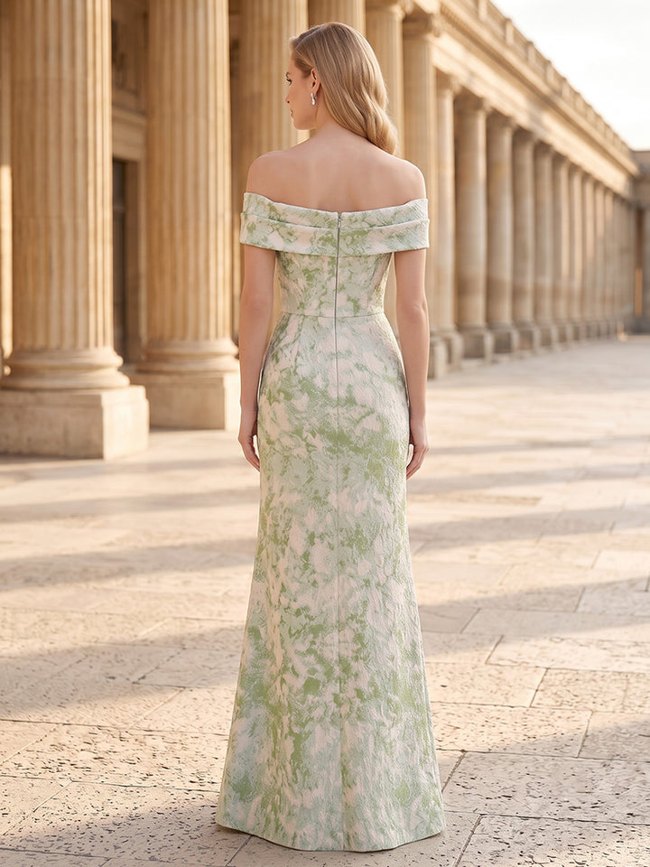 Satin Jacquard Sheath Off the Shoulder Floor Length Floral Formal Dresses