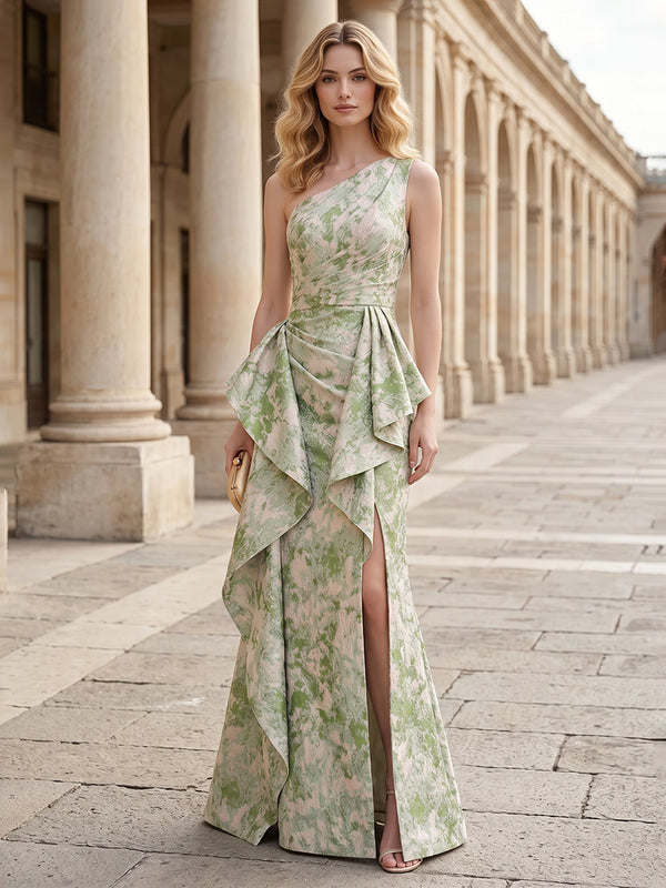 Satin Jacquard Sheath One Shoulder Floor Length Ruched Formal Dresses