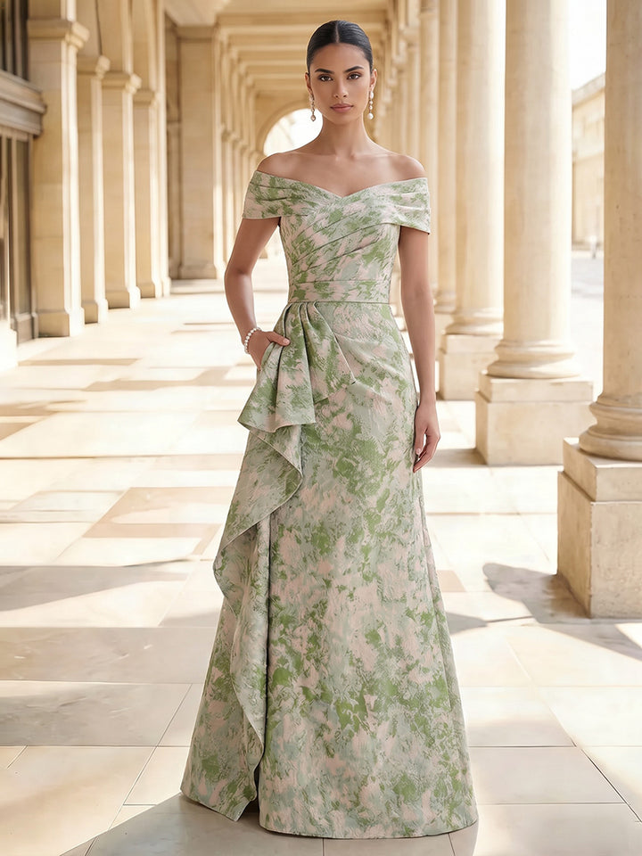 Satin Jacquard A Line Off the Shoulder Floor Length Ruffles Formal Dresses