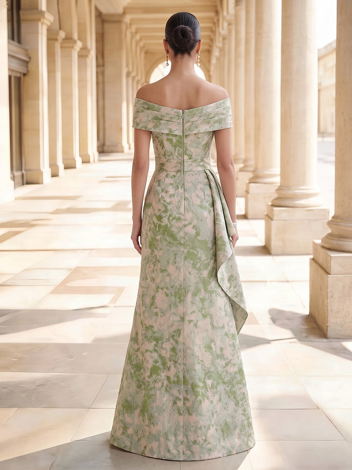 Satin Jacquard A Line Off the Shoulder Floor Length Ruffles Formal Dresses