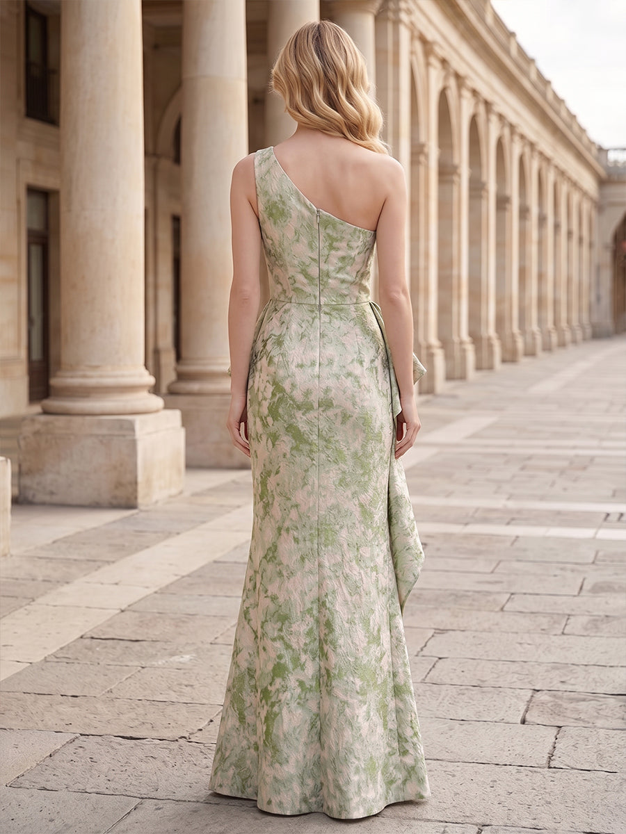 Satin Jacquard Mermaid One Shoulder Floor Length Ruched Formal Dresses