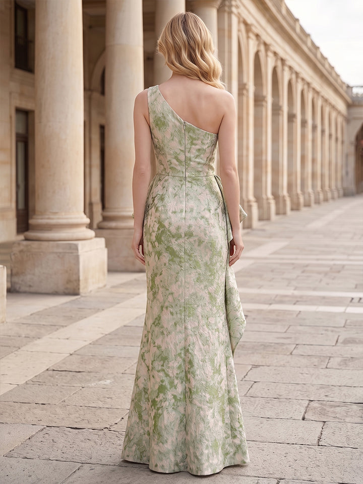 Satin Jacquard Mermaid One Shoulder Floor Length Ruched Formal Dresses