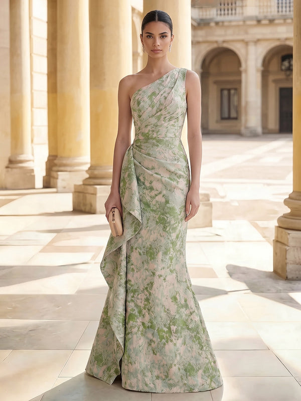 Satin Jacquard Mermaid One Shoulder Floor Length Ruffles Formal Dresses