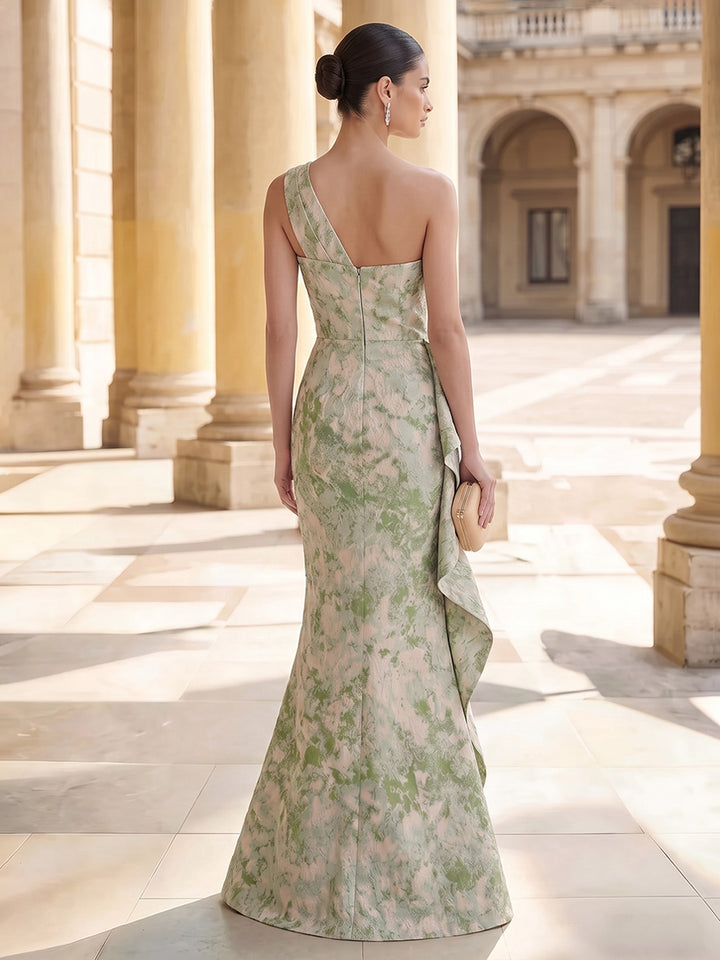 Satin Jacquard Mermaid One Shoulder Floor Length Ruffles Formal Dresses