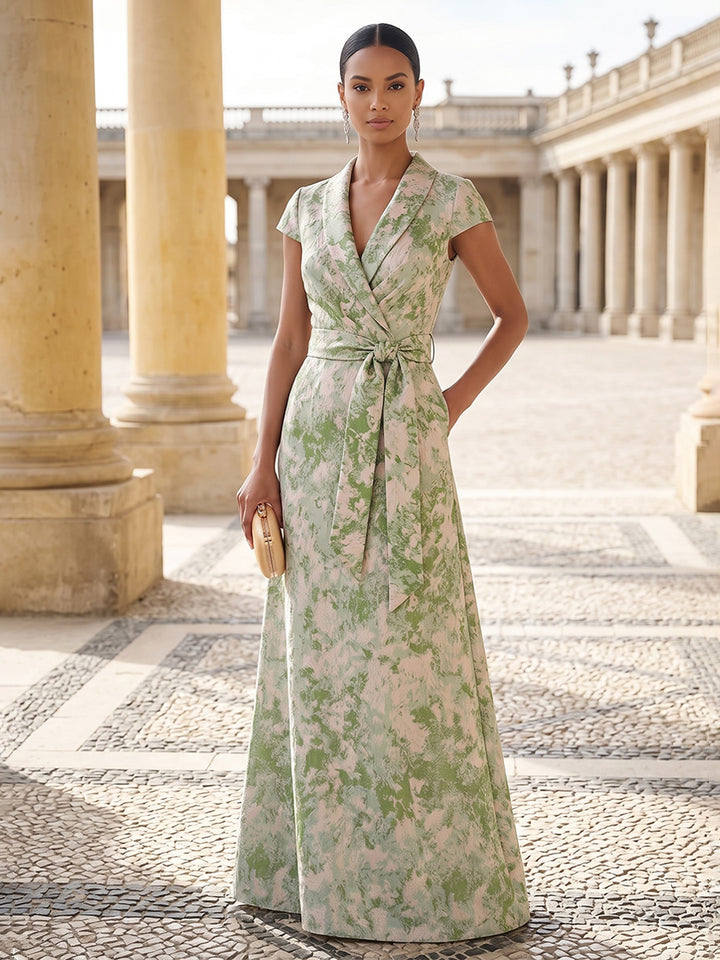 Satin Jacquard A Line V Neck Floor Length Floral Formal Dresses