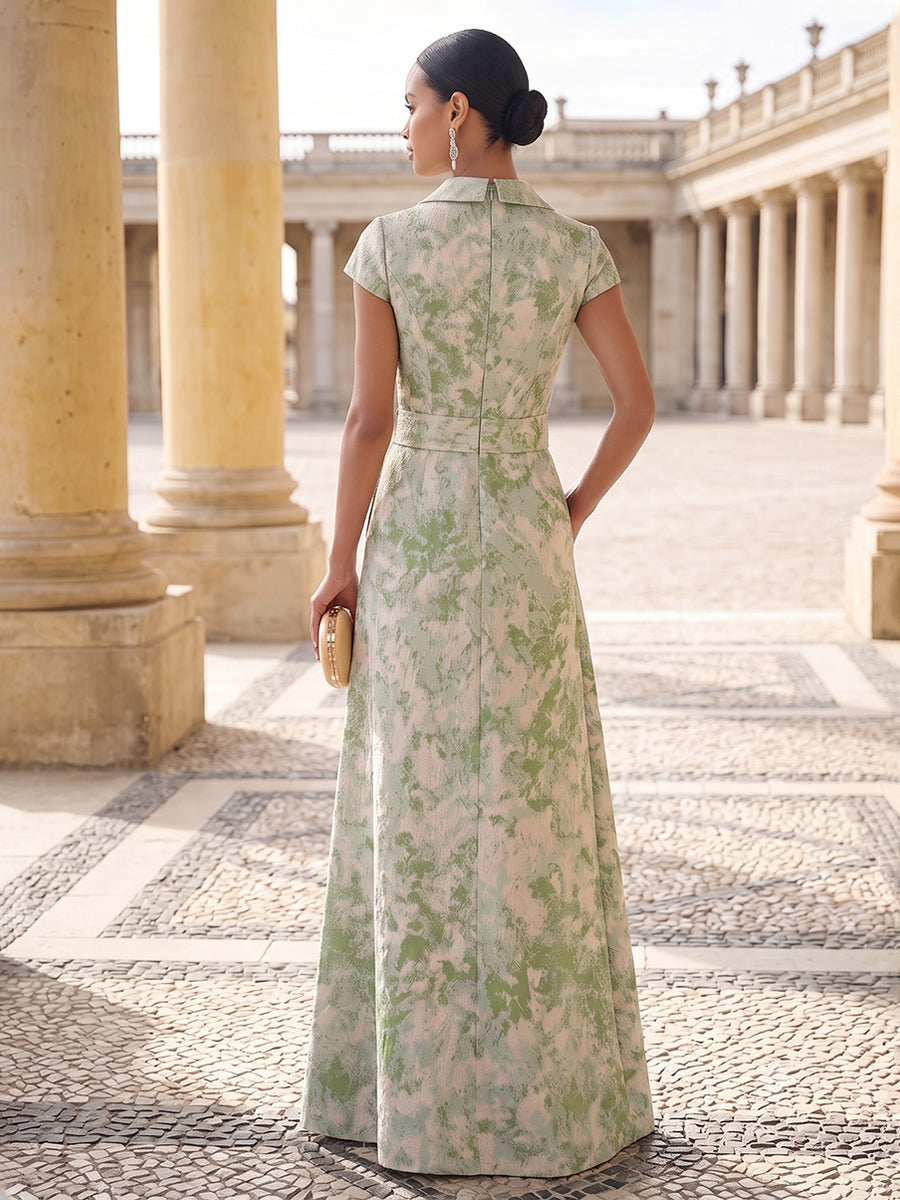 Satin Jacquard A Line V Neck Floor Length Floral Formal Dresses