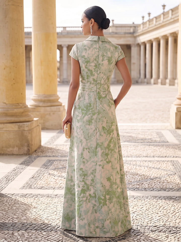 Satin Jacquard A Line V Neck Floor Length Floral Formal Dresses