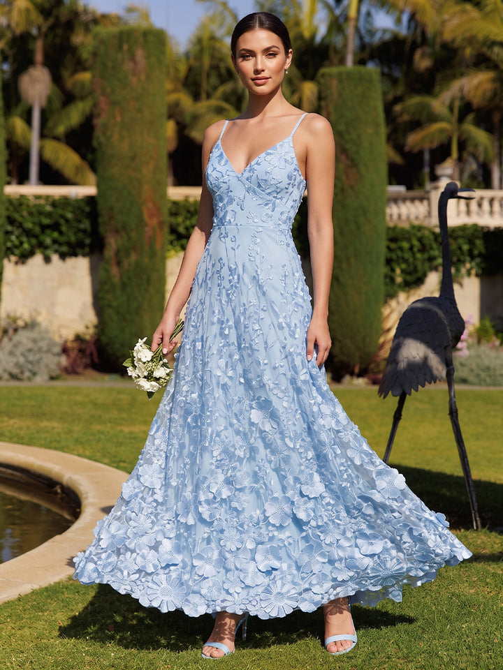 Tulle A Line Spaghetti Straps Floor Length Floral Embroidery Formal Dresses