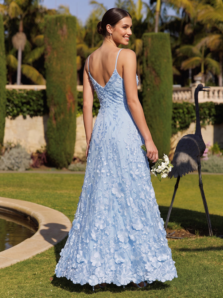 Tulle A Line Spaghetti Straps Floor Length Floral Embroidery Formal Dresses