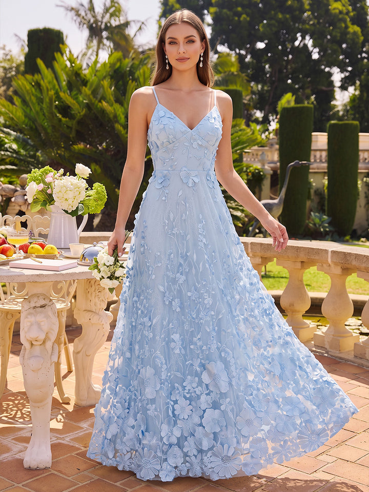 Tulle A Line Spaghetti Straps Floor Length Floral Embroidery Formal Dresses