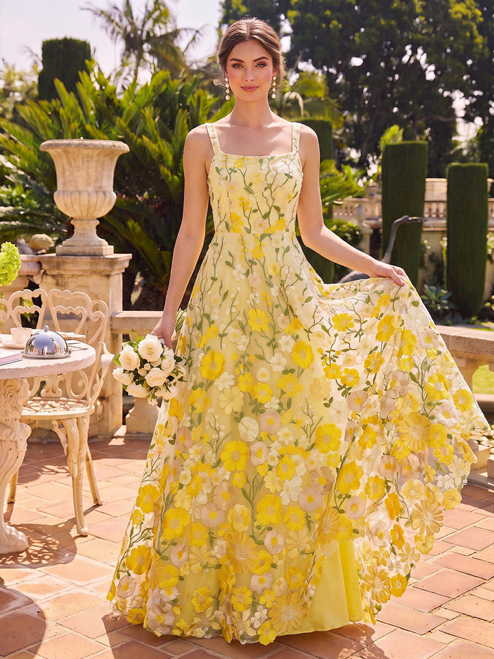 Tulle A Line Spaghetti Straps Floor Length Floral Embroidery Formal Dresses