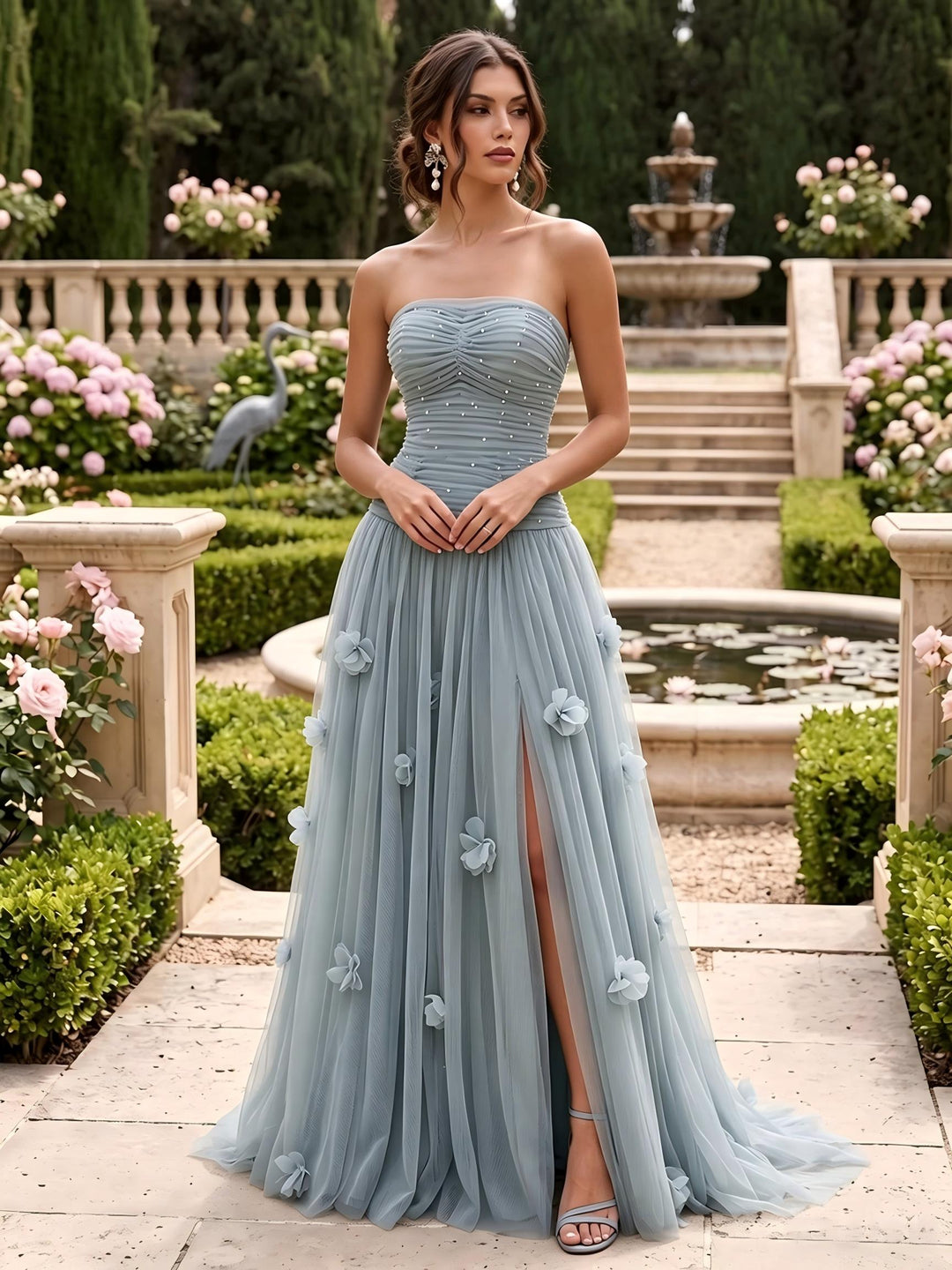 Tulle A Line Strapless Floor Length Ruched Formal Dresses