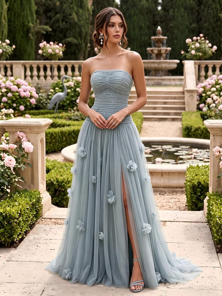 Tulle A Line Strapless Floor Length Ruched Formal Dresses