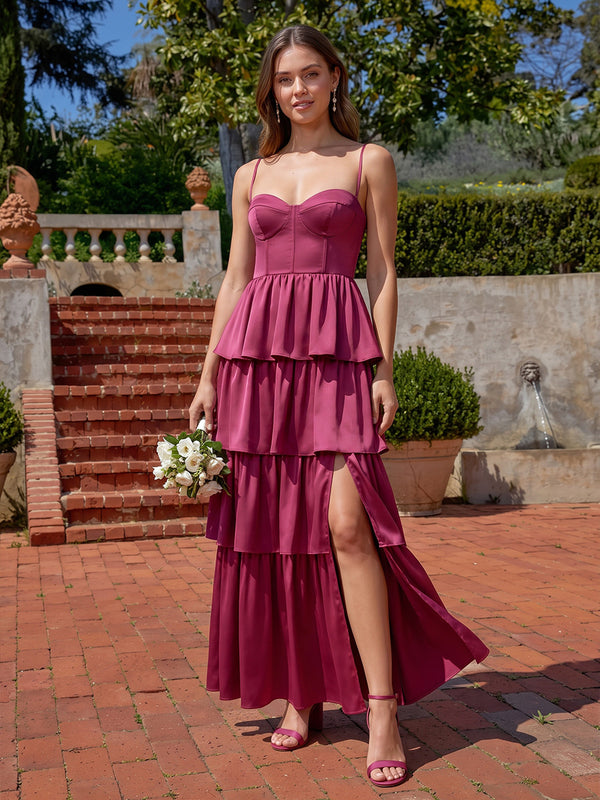 Satin A Line Spaghetti Straps Floor Length Tiered Formal Dresses