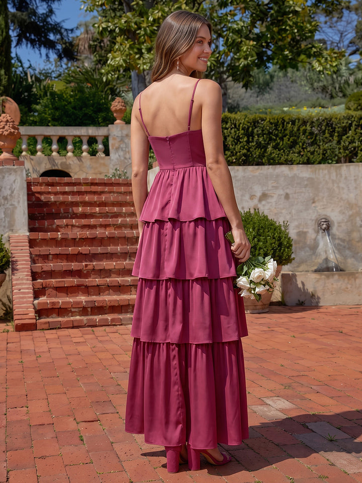 Satin A Line Spaghetti Straps Floor Length Tiered Formal Dresses