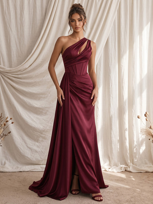 Satin Sheath One Shoulder Floor Length Corset Waist Formal Dresses