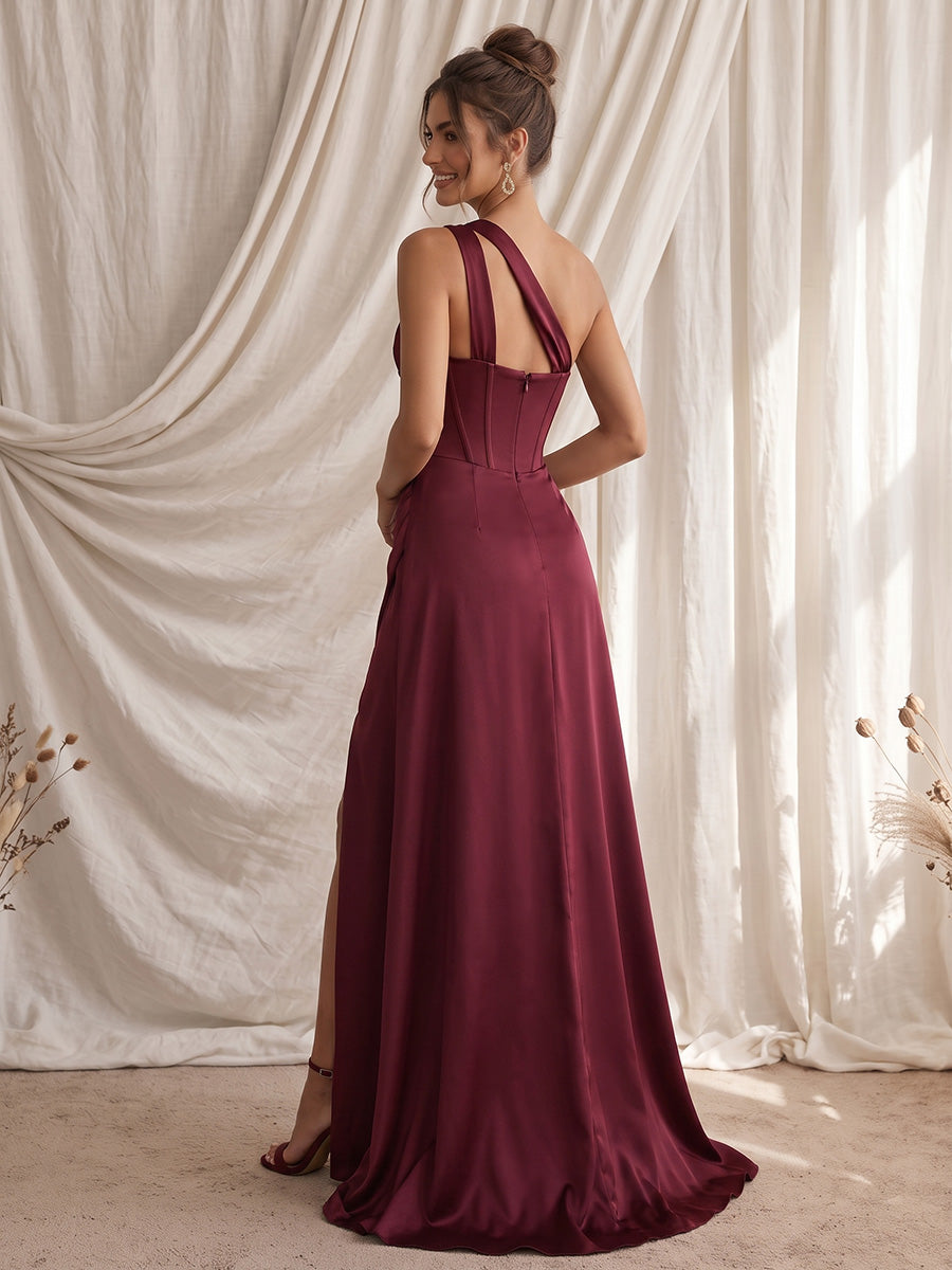 Satin Sheath One Shoulder Floor Length Corset Waist Formal Dresses