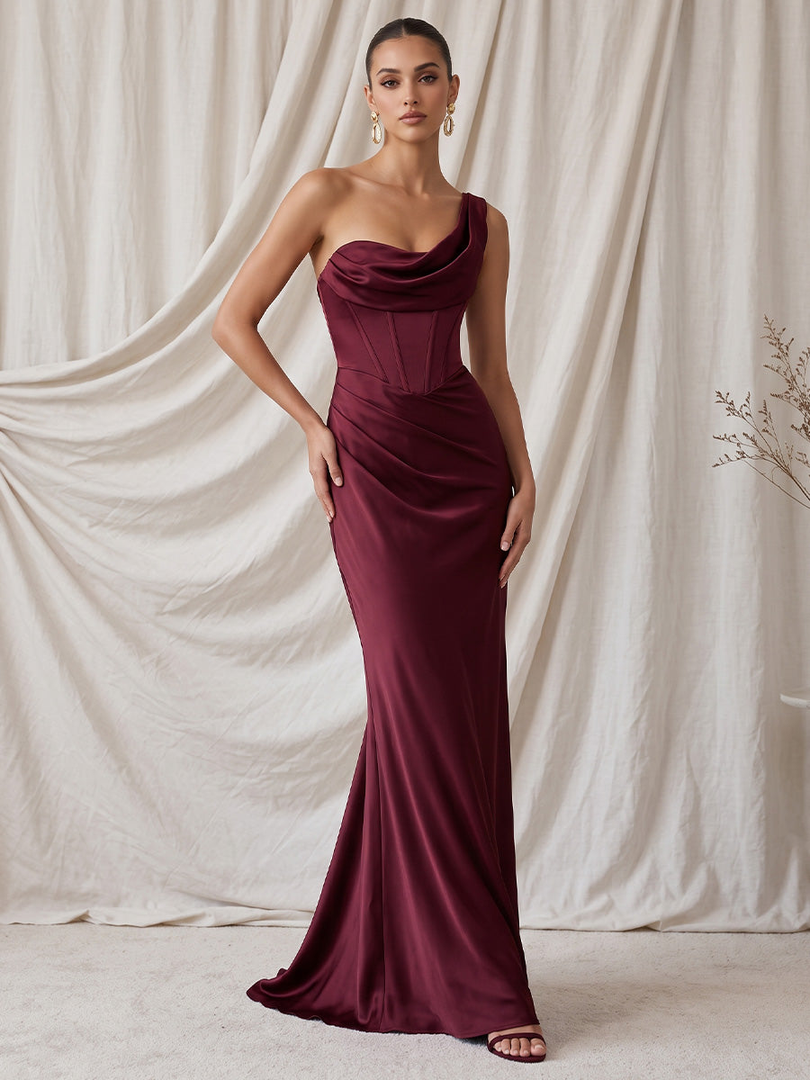 Satin Mermaid One Shoulder Floor Length Corset Waist Formal Dresses