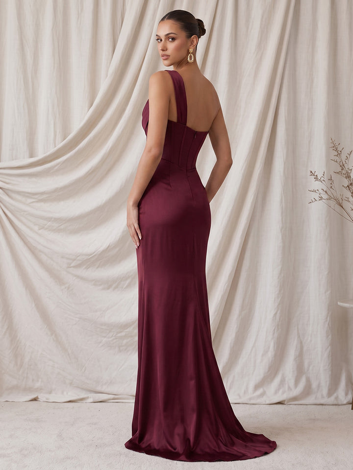 Satin Mermaid One Shoulder Floor Length Corset Waist Formal Dresses