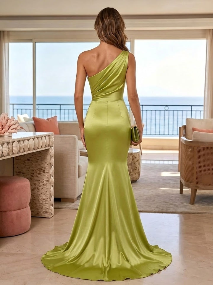 Satin Mermaid One Shoulder Floor Length Ruched Formal Dresses