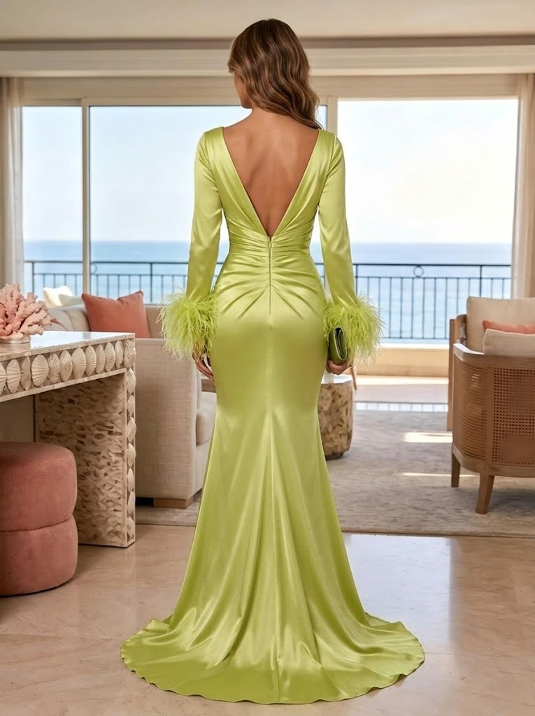 Satin Mermaid V Neck Floor Length with Feather Formal Dresses