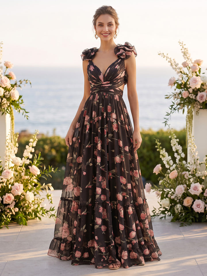 Chiffon A Line V Neck Floor Length Ruched Formal Dresses