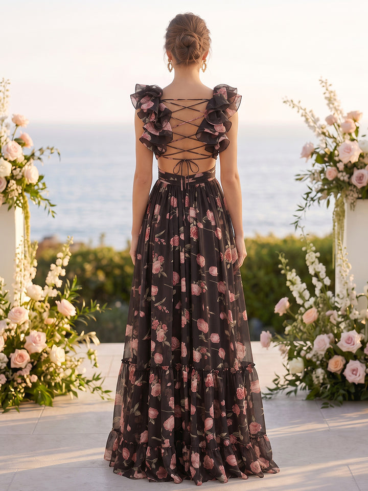 Chiffon A Line V Neck Floor Length Ruched Formal Dresses