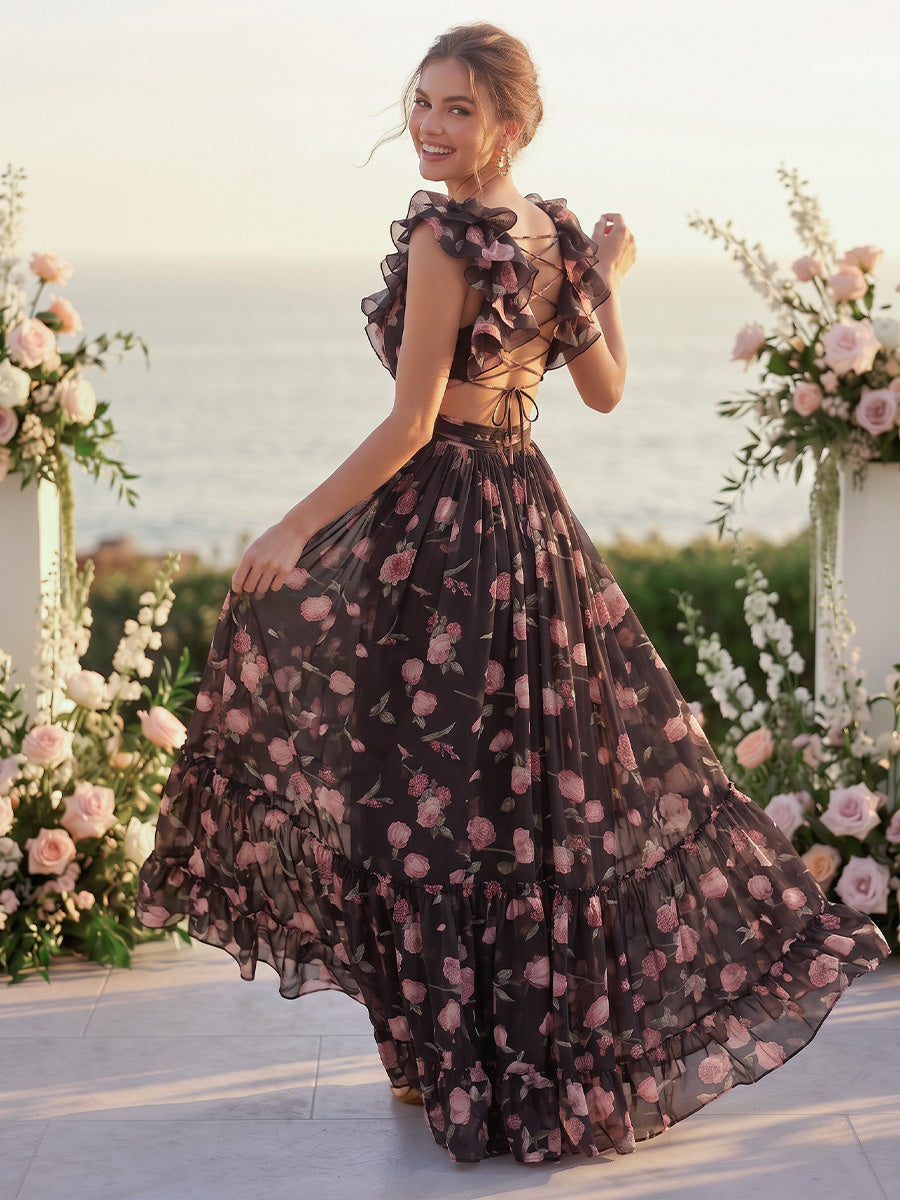 Chiffon A Line V Neck Floor Length Ruched Formal Dresses