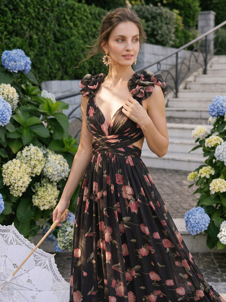 Chiffon A Line V Neck Floor Length Ruched Formal Dresses