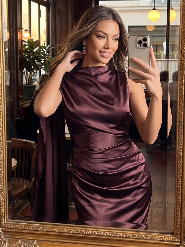 Satin Sheath Round Neck Floor Length with Cape Formal Dresses