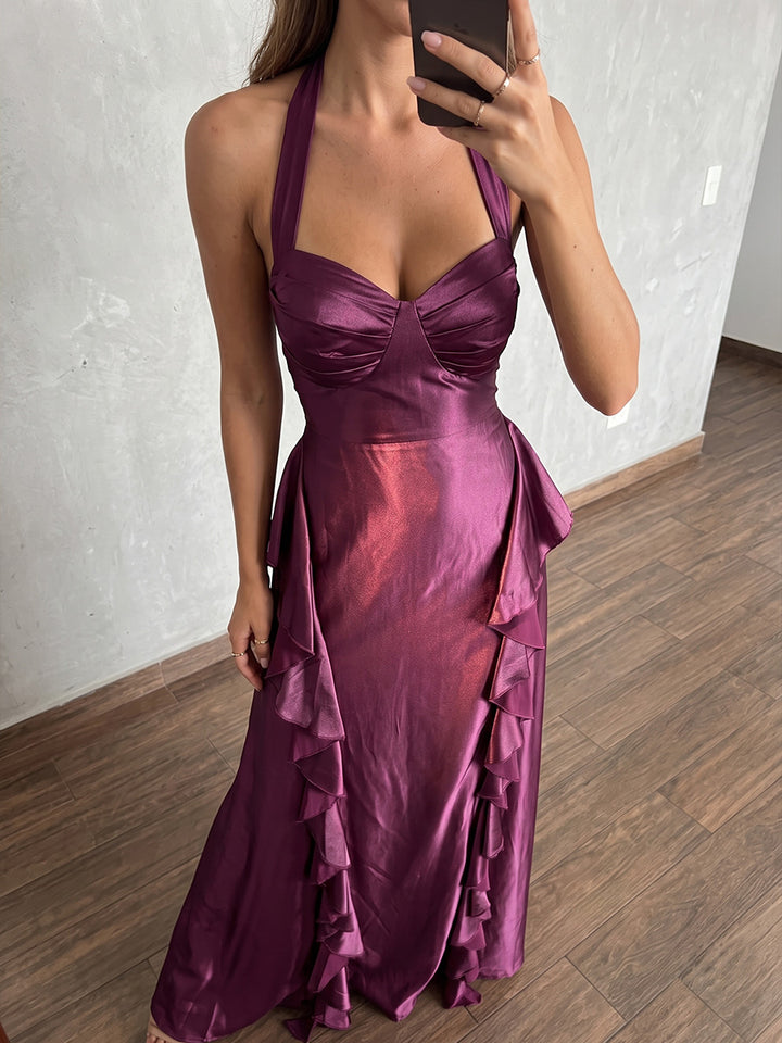 Satin A Line Halter Floor Length Ruffles Formal Dresses