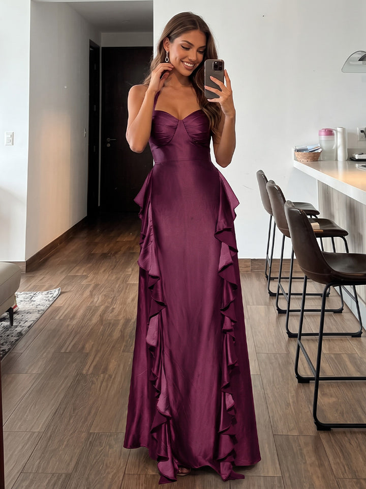 Satin A Line Halter Floor Length Ruffles Formal Dresses