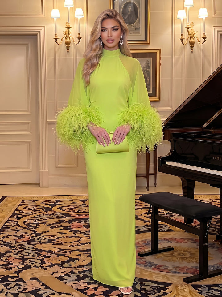 Chiffon Sheath High Neck Floor Length Sheer Sleeves Formal Dresses with Feather