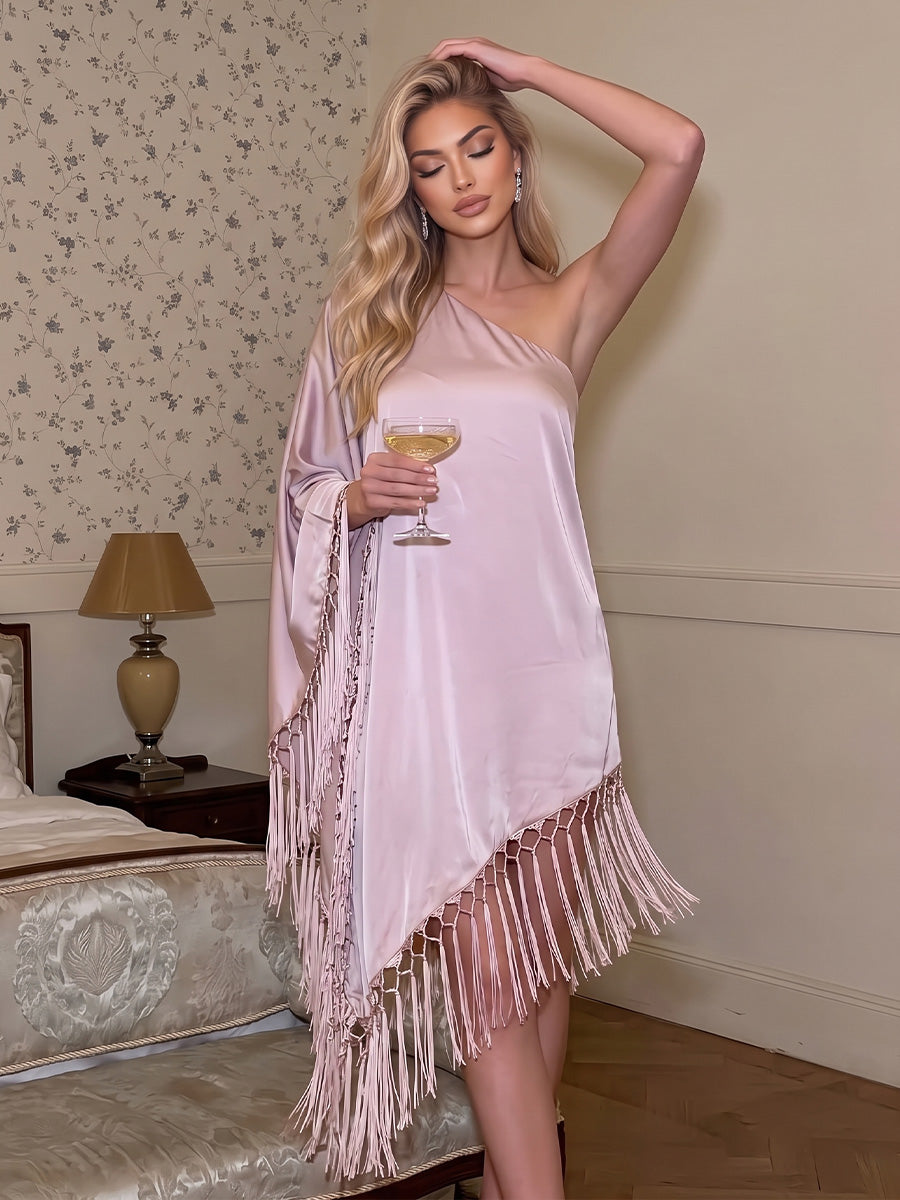 Satin Kaftan One Shoulder Tea Length Asymmetrical Hem Formal Dresses