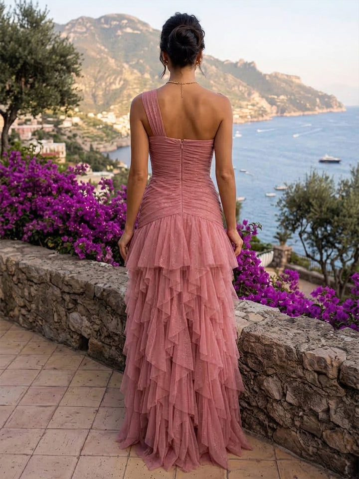 Tulle A Line One Shoulder Floor Length Ruched Formal Dresses