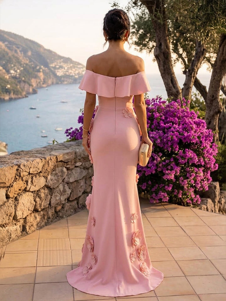 Satin Mermaid Off the Shoulder Floor Length Ruffles Formal Dresses