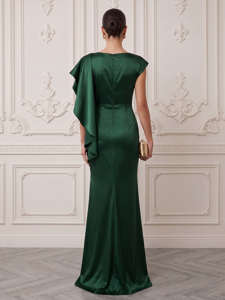 Satin Sheath Jewel Neck Floor Length Ruffles Formal Dresses