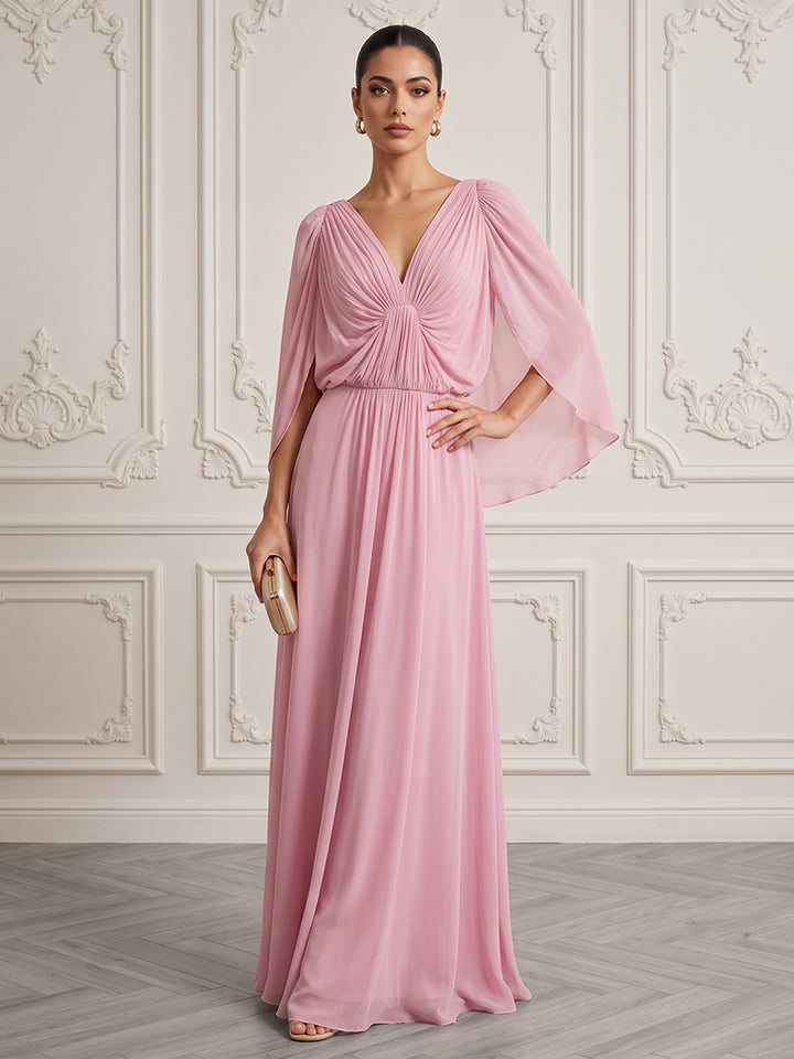 Chiffon A Line V Neck Floor Length Cape Sleeve Formal Dresses