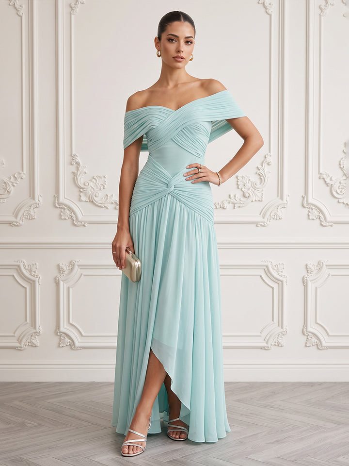 Chiffon A Line Off the Shoulder Floor Length High Low Formal Dresses