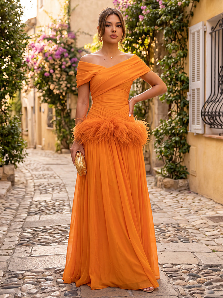 Chiffon A Line Off the Shoulder Floor Length Feather Formal Dresses