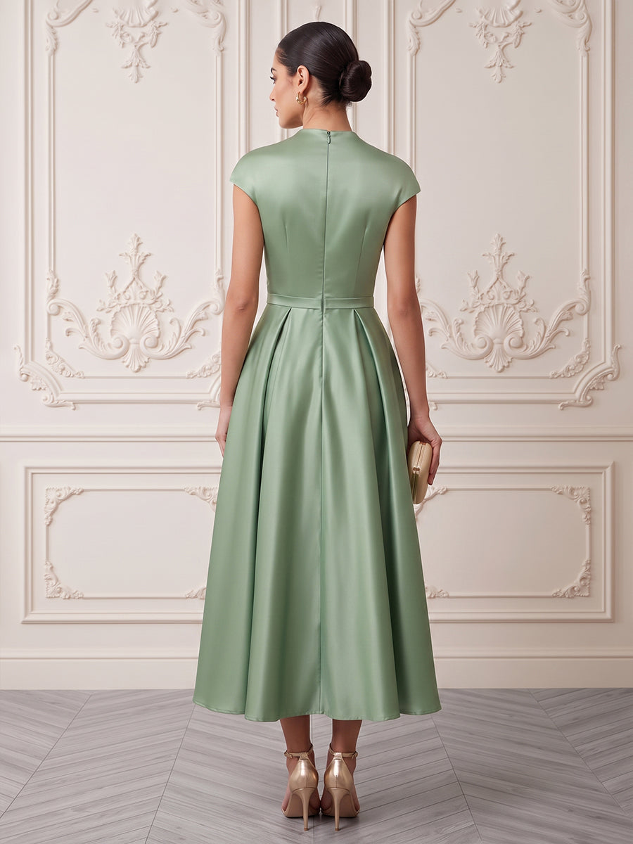 Satin A Line Modest V Neck Floor Length Pleats Formal Dresses