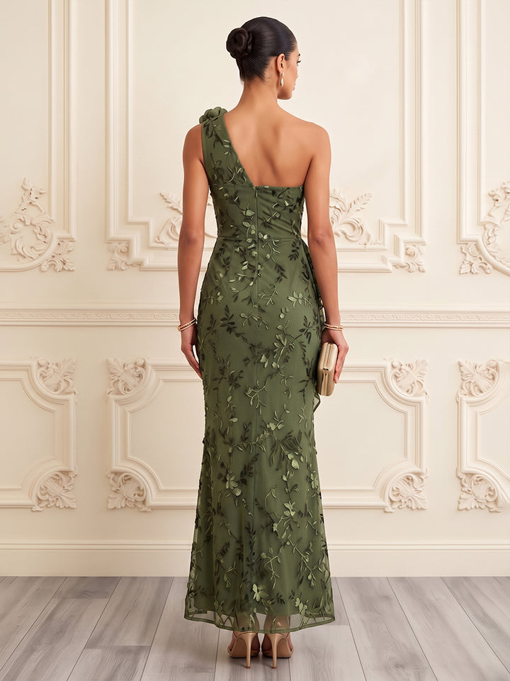Tulle Sheath One Shoulder Floor Length Floral Embroidery Formal Dresses