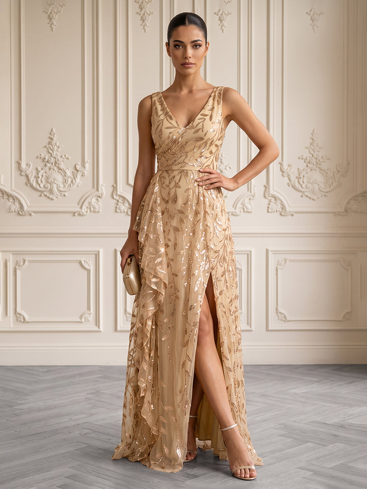 Tulle A Line V Neck Floor Length Sequin Embroidery Formal Dresses