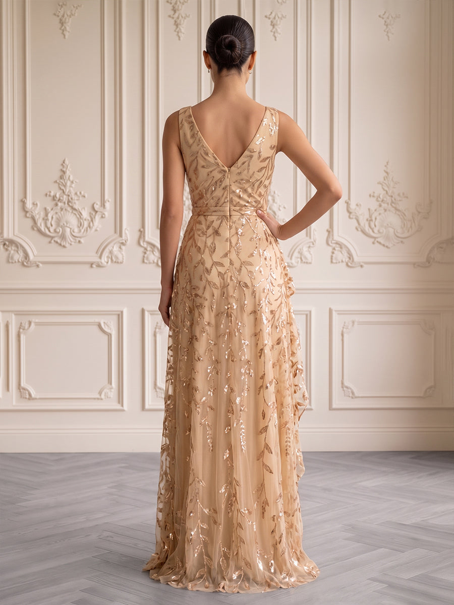 Tulle A Line V Neck Floor Length Sequin Embroidery Formal Dresses