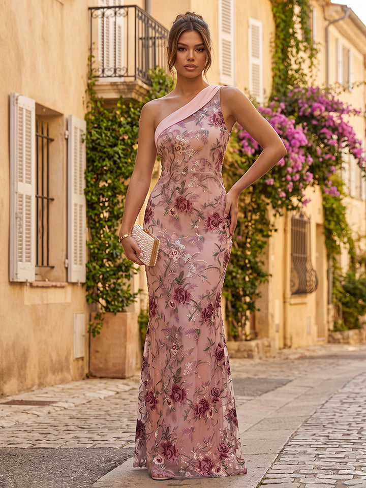 Tulle Sheath One Shoulder Floor Length Floral Embroidery Formal Dresses