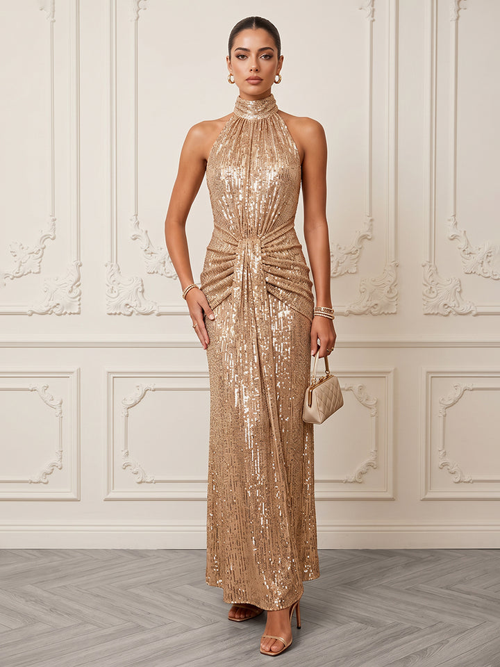 Sequin Sheath Halter Floor Length Ruched Formal Dresses