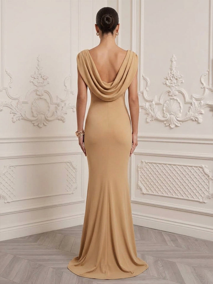 Satin Mermaid Cowl Neck Floor Length Ruched Formal Dresses