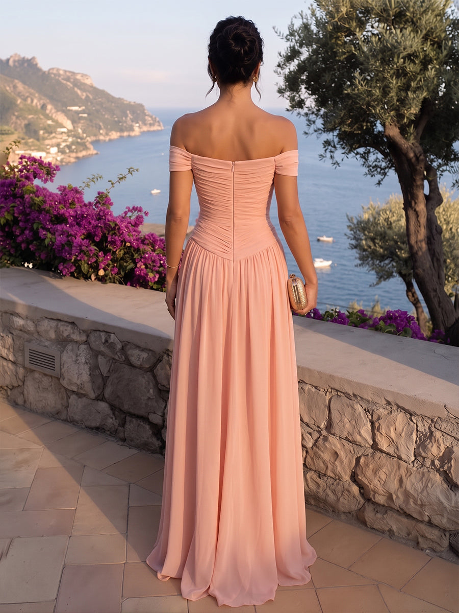 Chiffon A Line Off the Shoulder Floor Length Ruched Formal Dresses