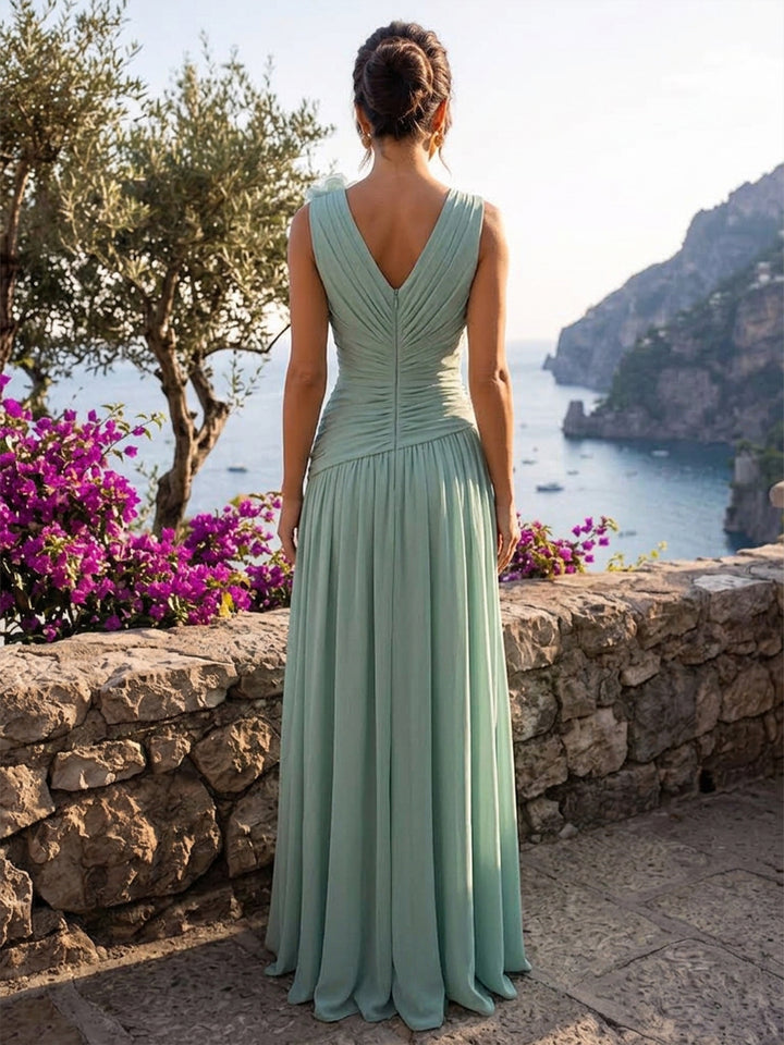 Chiffon A Line V Neck Floor Length Ruched Formal Dresses